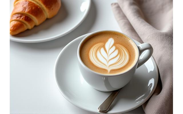 갓 내린 스페셜티 커피와 크루아상이 우아하게 놓인 장면