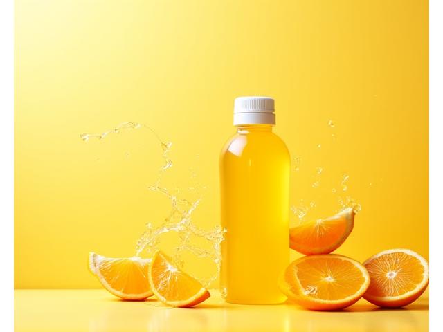 활기찬 아침을 상징하는 밝은 노란색 기능성 음료와 오렌지