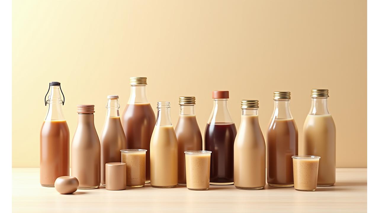 다양한 RTD 커피 및 기능성 음료 병, 캔이 깔끔하게 정렬된 모습