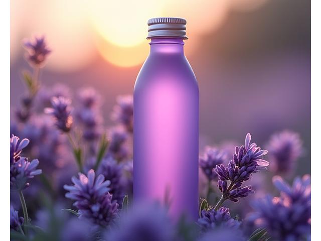 편안한 밤을 나타내는 보라색 기능성 음료와 라벤더