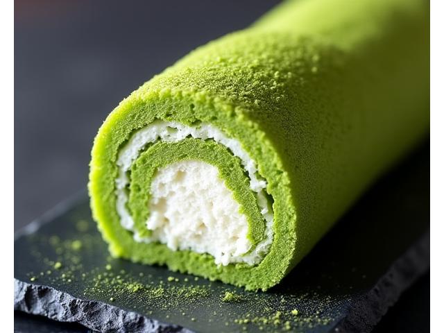 녹차 가루로 장식된 부드러운 말차 케이크