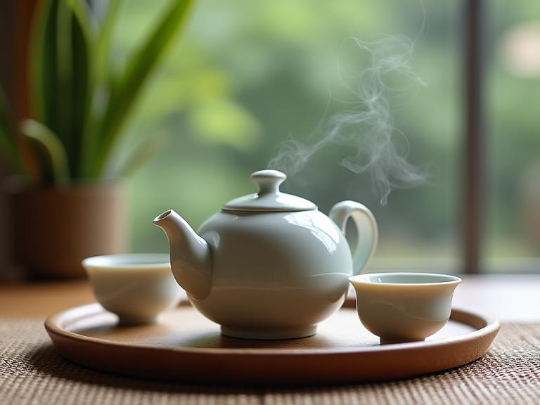 아름답게 차려진 전통 한국 차상차림과 찻잔