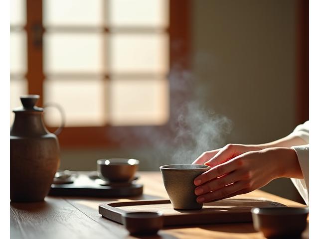 한국의 고요한 다도 풍경, 전통 차 도구와 함께