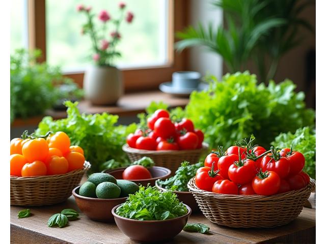 싱싱한 야채와 재료들이 바구니에 담겨있는 모습