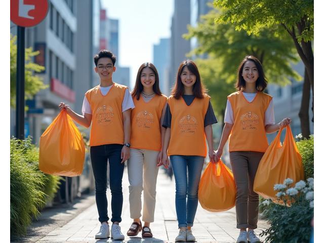 명동 거리에서 자원봉사자들이 쓰레기를 줍는 모습